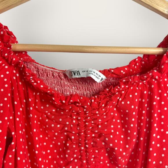 Zara Red Polka Dot Crop Top | XS | Red White Ruched Drawstring Front Festival - Picture 2 of 4